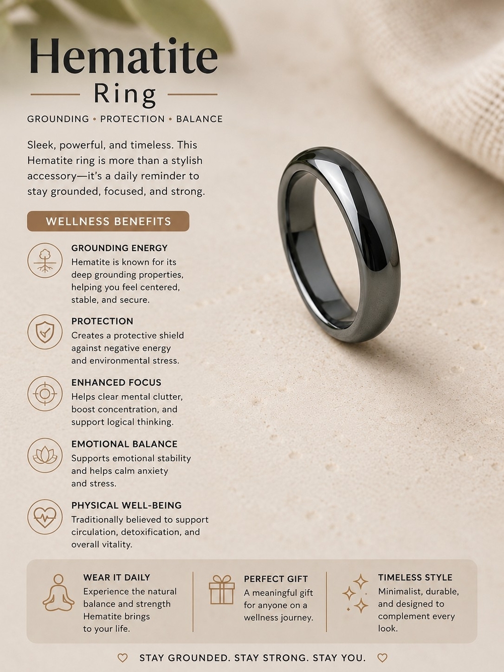 Hematite Dome Ring - Polished Black Hematite Round Sided